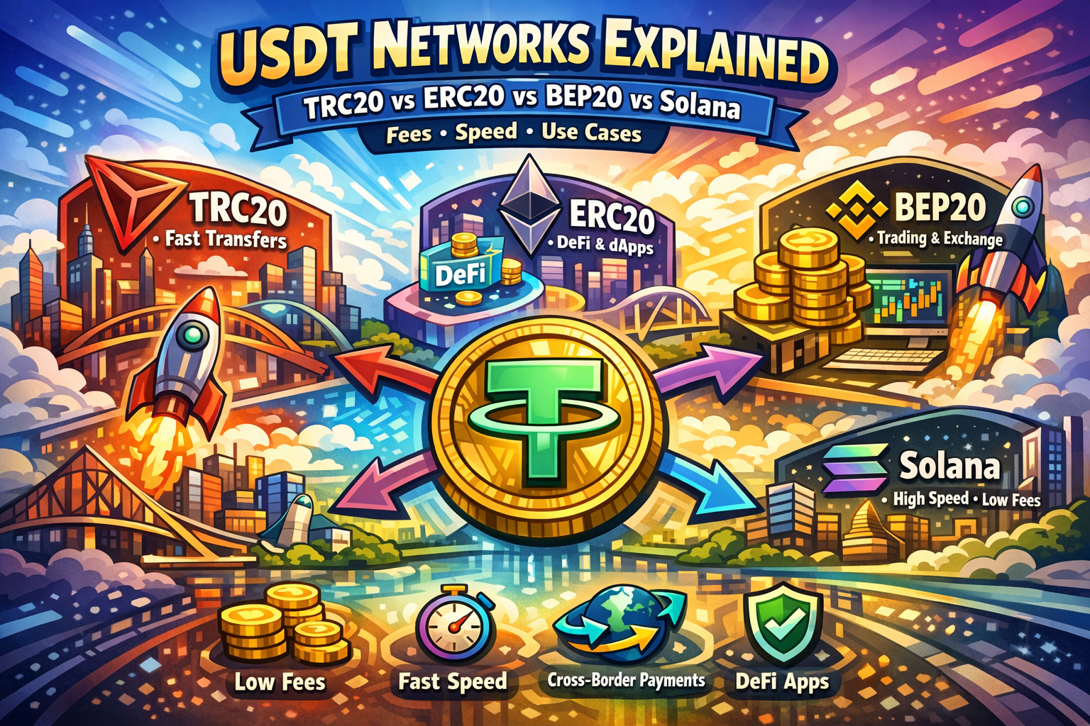 USDT Networks Explained: TRC20 vs ERC20 vs BEP20 vs SOL – Fees, Speed, Cases